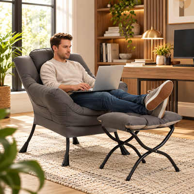 Man working on a laptop with his feet on the ottoman of the gray reading chair