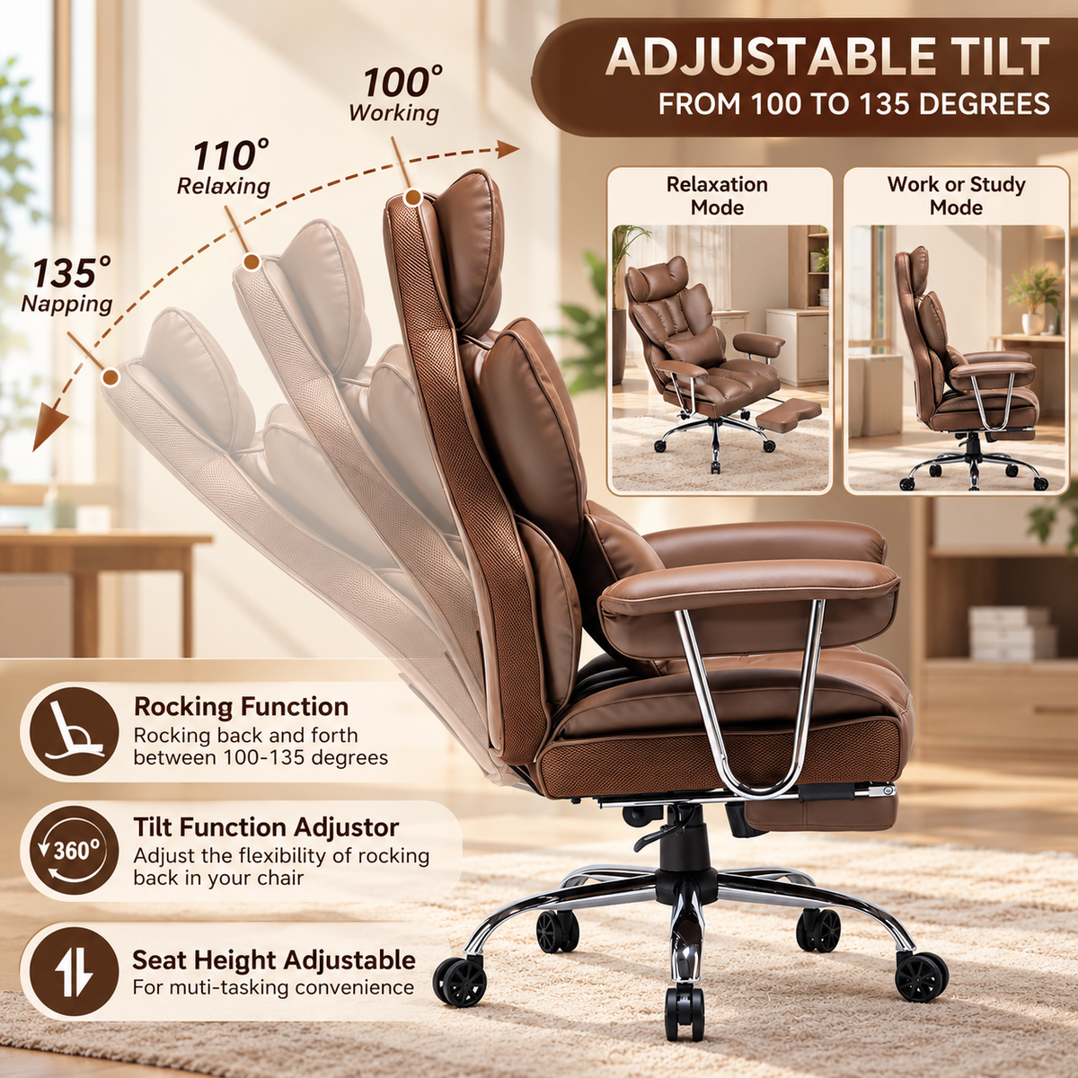 Executive chair tilt recline from 100 to 135 degrees with leg rest