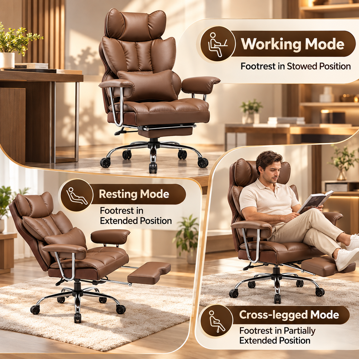 Chair positions for working, resting, and sitting cross-legged