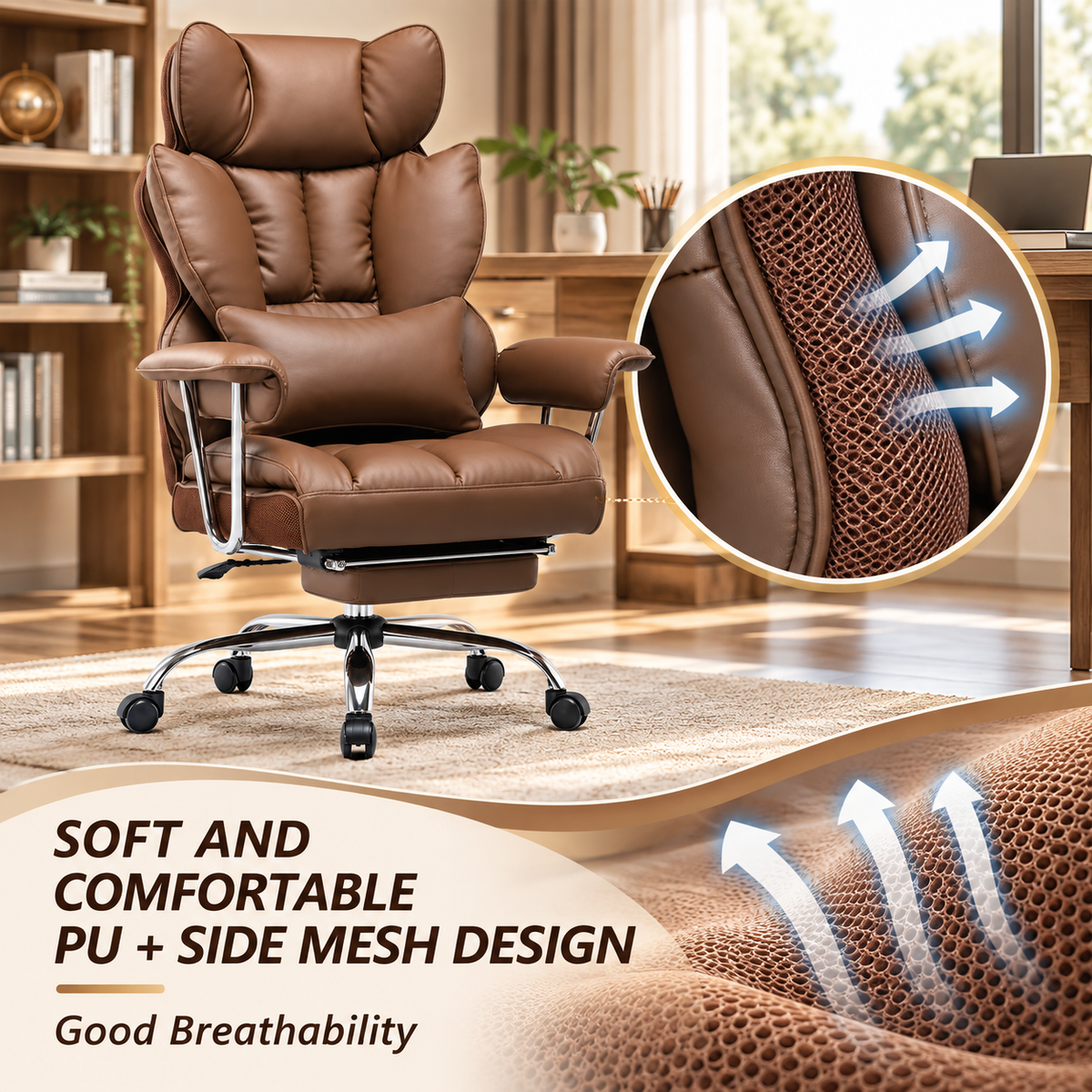 PU leather upholstery with breathable side mesh panels