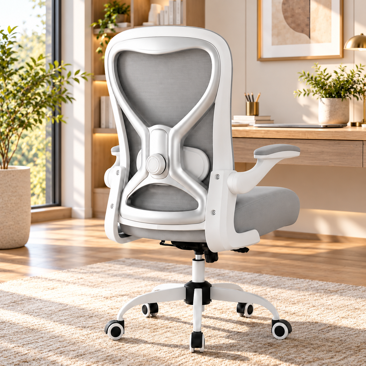 Gray mesh ergonomic office chair with white frame, hourglass back, lumbar cushion and flip-up arms in a home office