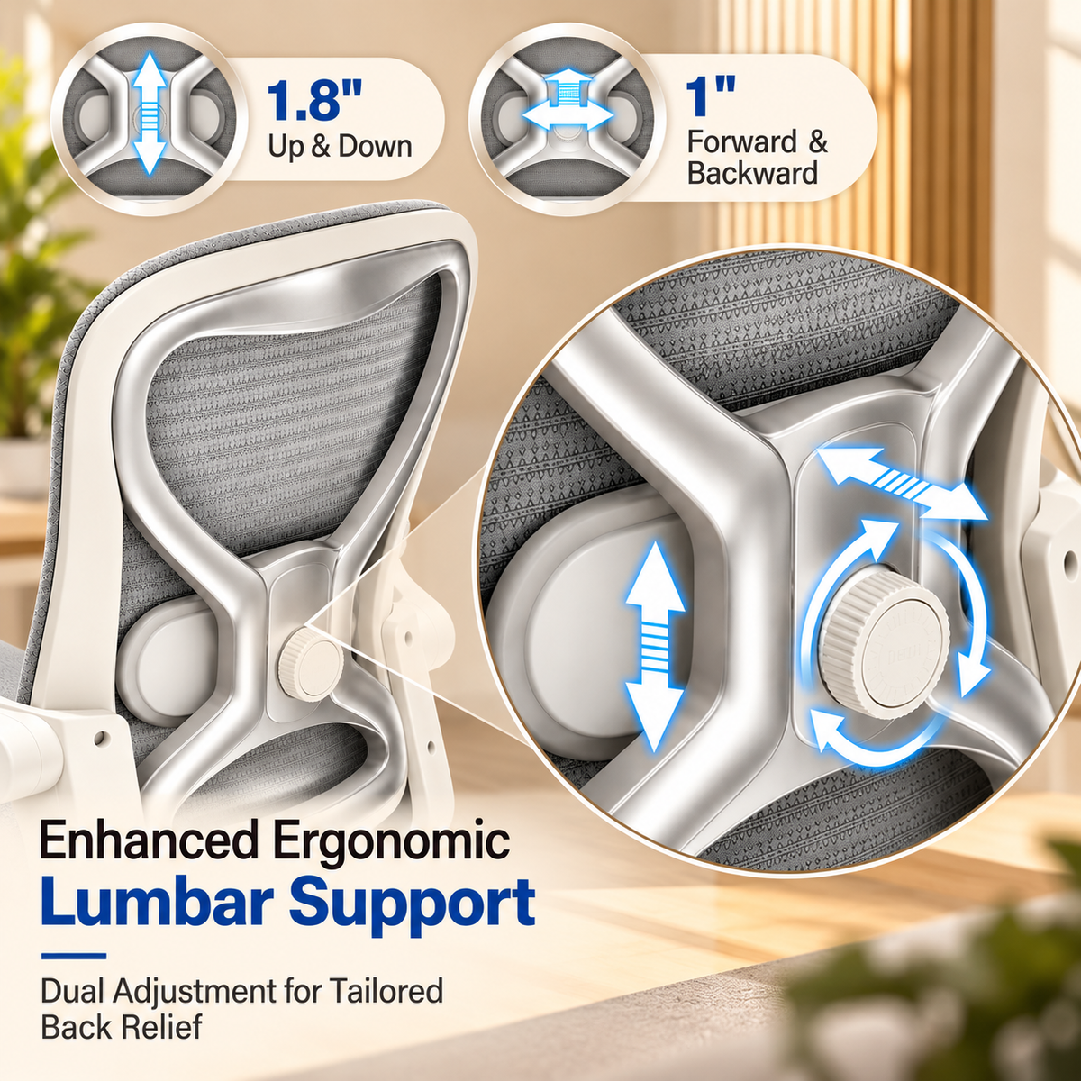 Close-up of the 4-way adjustable lumbar support moving 1.8 inches up and down and 1 inch forward and back
