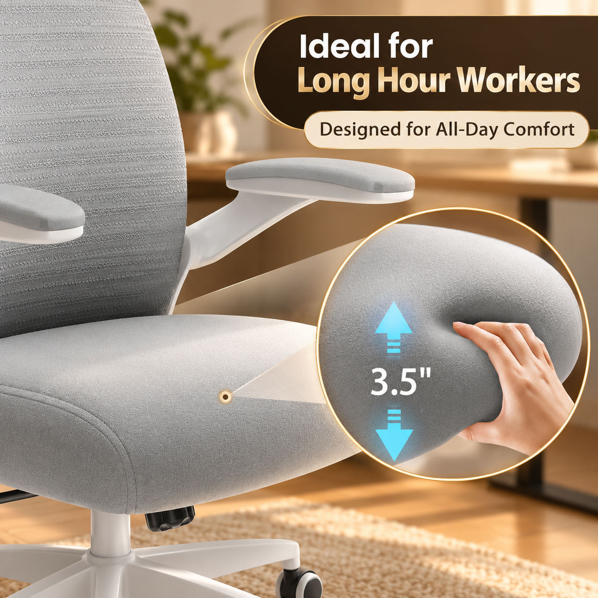 Close-up of the 3.5 inch thick soft gray seat cushion and padded flip-up armrest