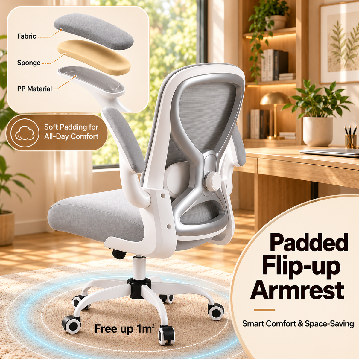 Padded flip-up armrest with fabric, sponge and plastic layers, saving space around the chair