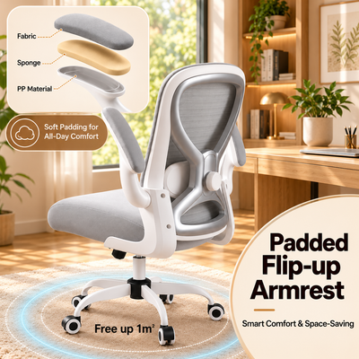 Padded flip-up armrest with fabric, sponge and plastic layers, saving space around the chair
