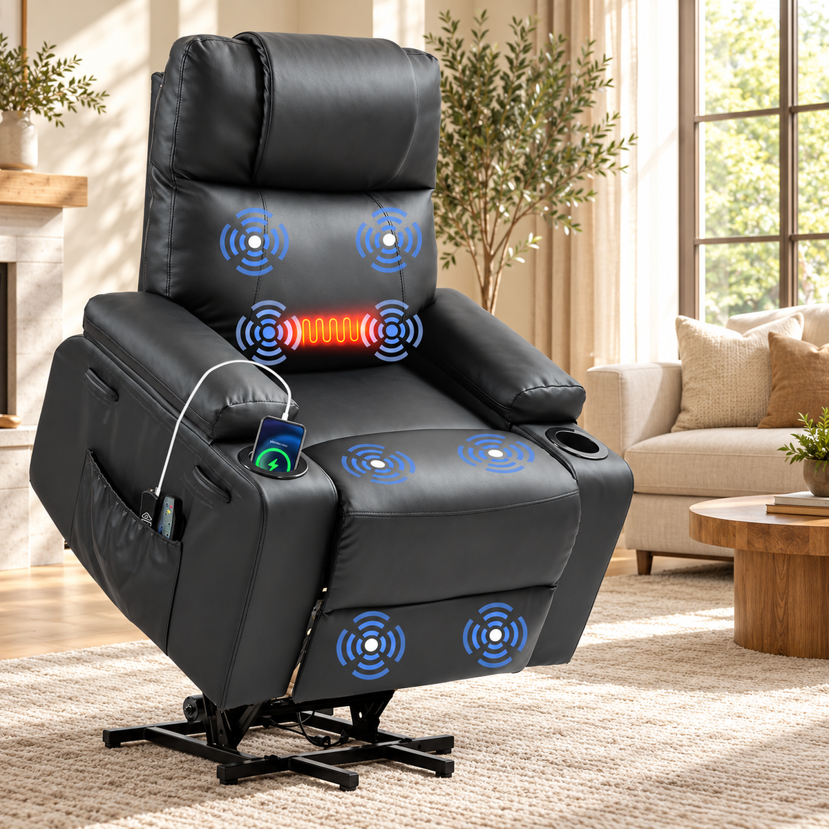 Black PU leather power lift recliner raised on its lift base with massage zones, lumbar heat, cup holders and a phone charging via USB
