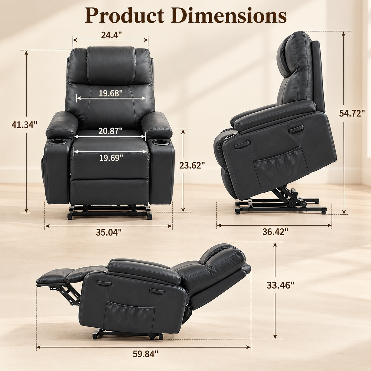 Product dimensions graphic of the black power lift recliner upright, lifted and fully reclined with measurements