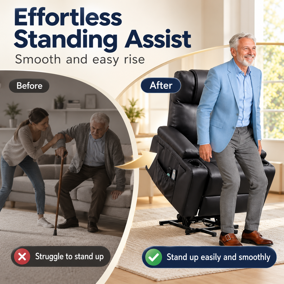 Before and after comparison showing a man easily standing up from the lifted black recliner with stand assist