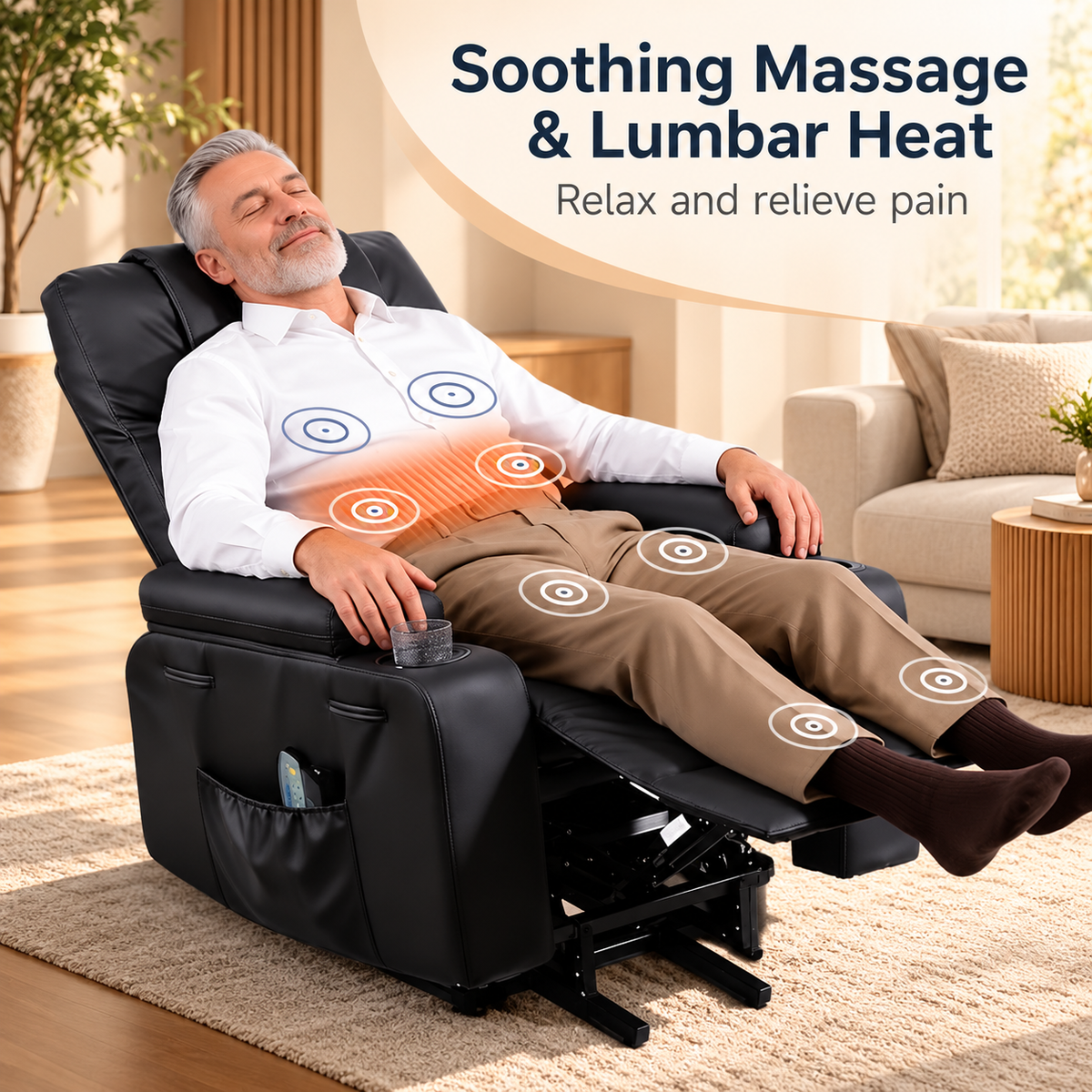 Man relaxing in the reclined black chair with massage and lumbar heat zones highlighted