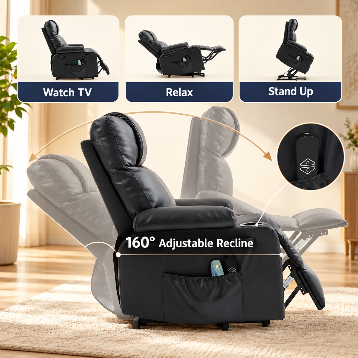 Black power lift recliner shown through its 160 degree recline range with watch TV, relax and stand up positions and a hand remote