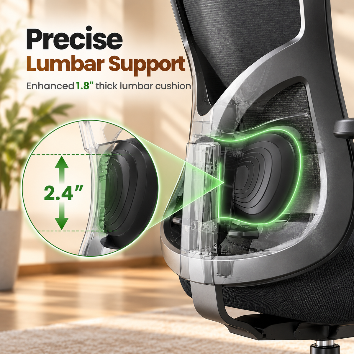 Cutaway view of the adjustable lumbar support cushion with 2.4 inch range