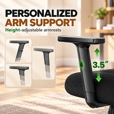 Height-adjustable armrest with 3.5 inch adjustment range