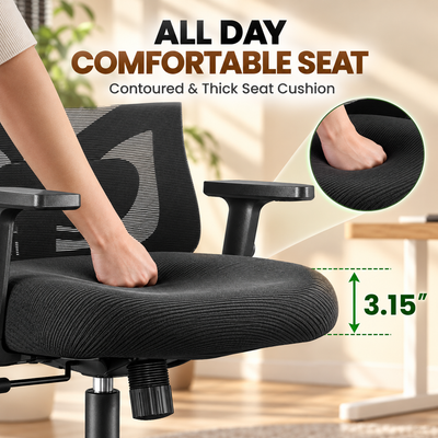 Contoured 3.15 inch thick seat cushion for all-day comfort