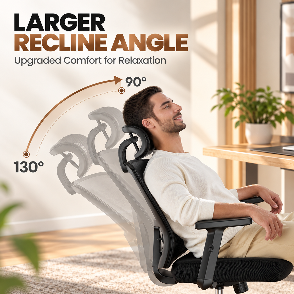 Man reclining in the mesh ergonomic chair from 90 to 130 degrees