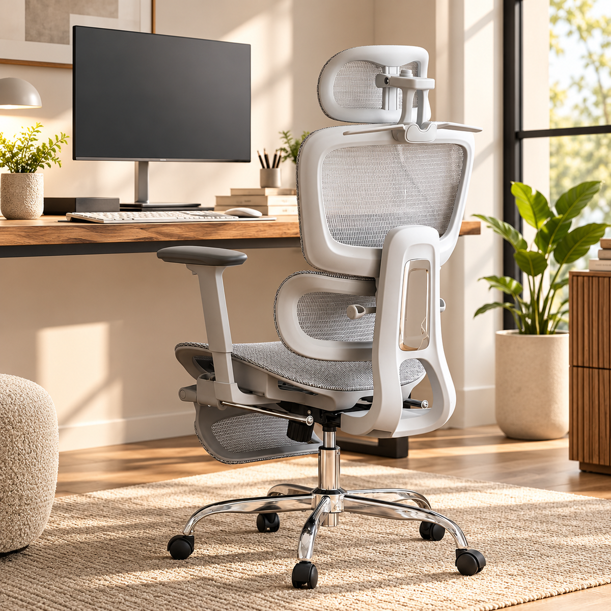 Grey mesh ergonomic chair with headrest, footrest and chrome base at a home office desk