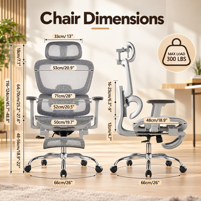 Mesh ergonomic chair dimensions graphic with 300 lb max load, seat and headrest measurements