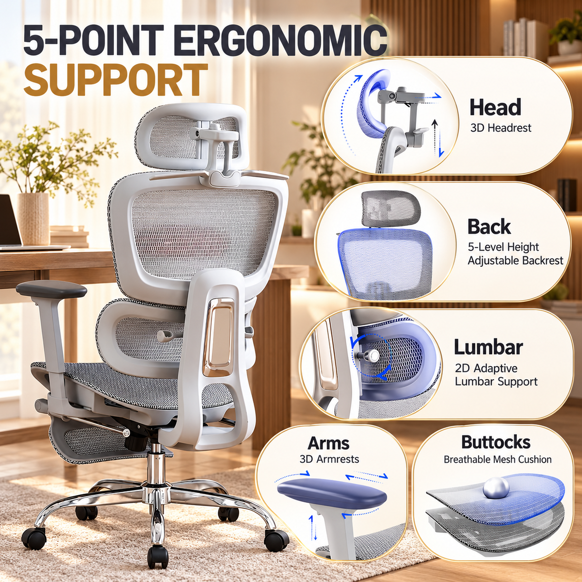 Five-point ergonomic support: 3D headrest, five-level adjustable backrest, 2D lumbar support, 3D armrests, and breathable mesh seat