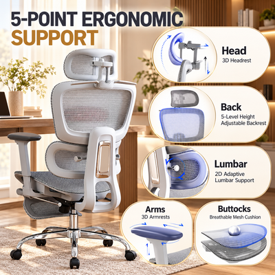 Five-point ergonomic support: 3D headrest, five-level adjustable backrest, 2D lumbar support, 3D armrests, and breathable mesh seat