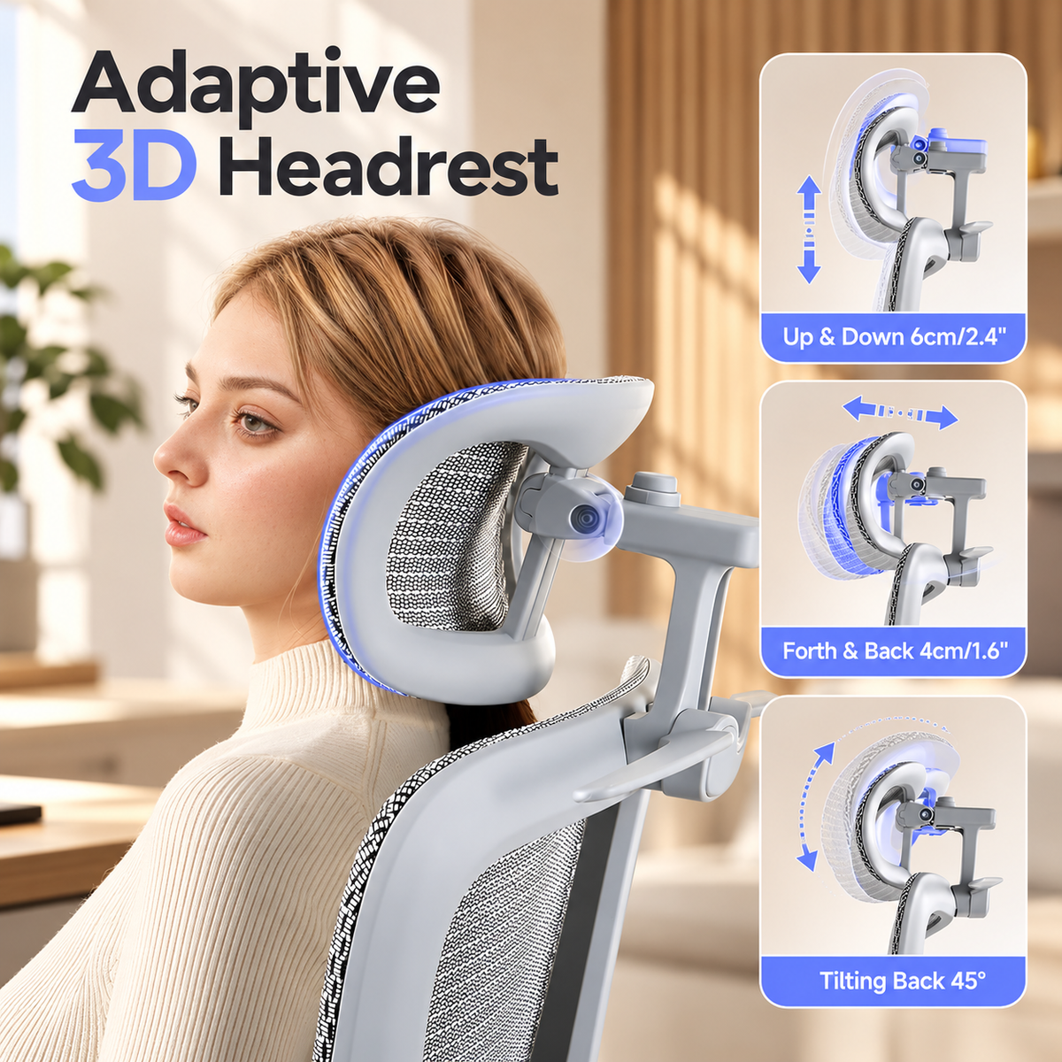 Adaptive 3D headrest adjusting up and down, forward and back, and tilting back 45 degrees