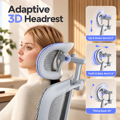 Adaptive 3D headrest adjusting up and down, forward and back, and tilting back 45 degrees