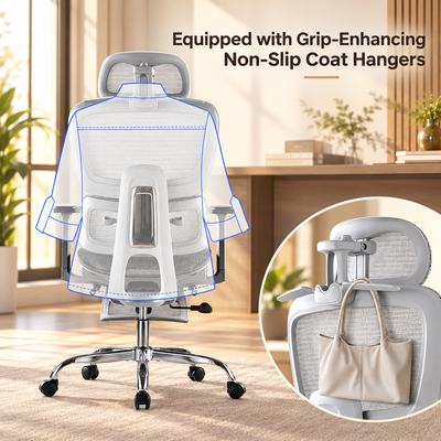 Non-slip coat hangers on the headrest of the grey mesh chair holding a bag