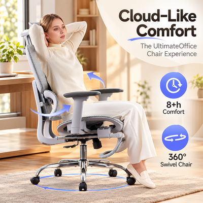 Woman relaxing in the mesh ergonomic chair with 360 degree swivel for all-day comfort