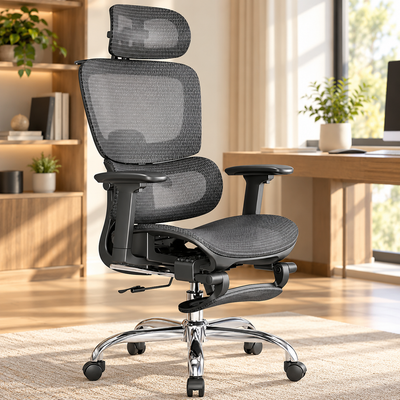 Black mesh ergonomic office chair with headrest, 3D armrests, footrest and chrome base in a home office