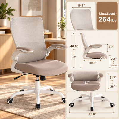 Mid-back mesh chair dimensions graphic with 264 lb max load, seat height and arm height measurements