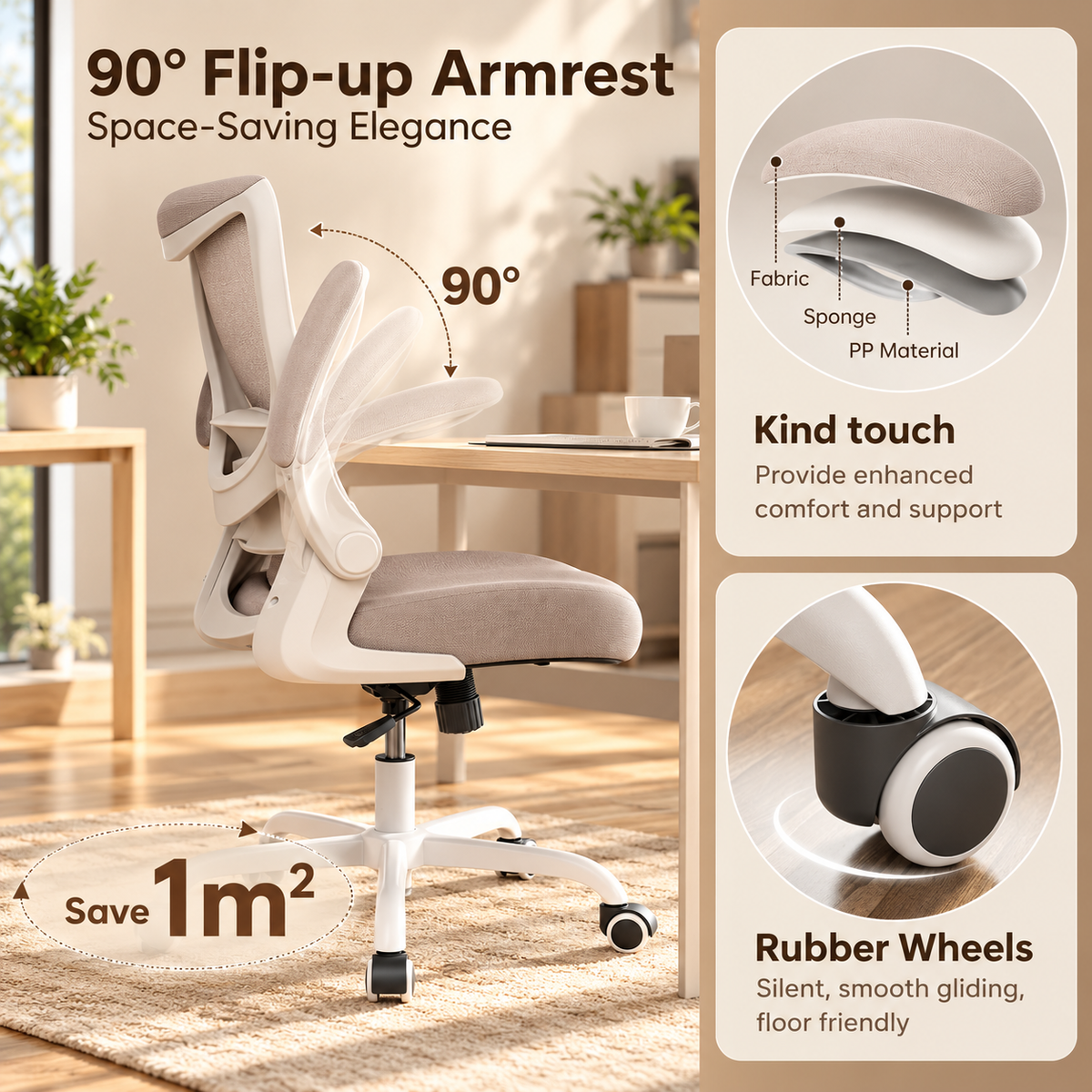 90 degree flip-up armrest with padded layers and quiet rubber wheels that save space
