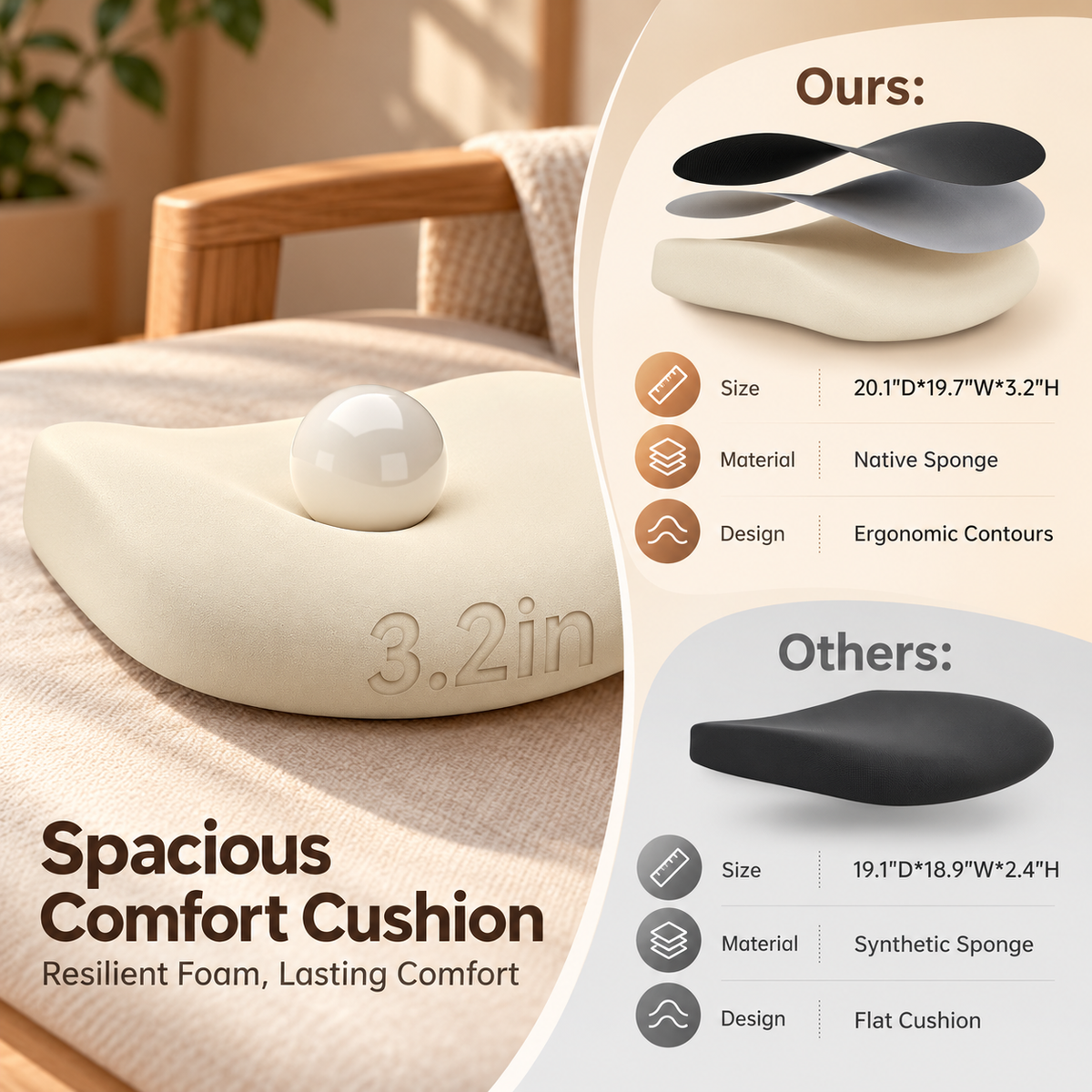 3.2 inch thick contoured foam seat cushion shown with layered sponge diagram