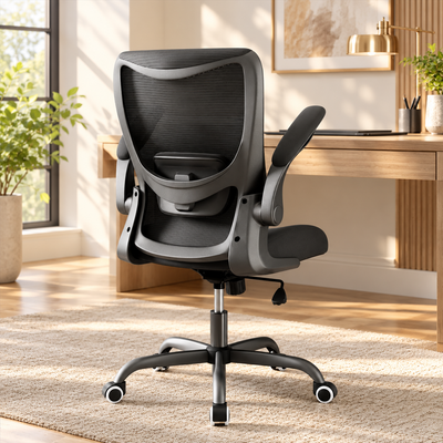 Black mid-back mesh ergonomic office chair with flip-up arms at a desk