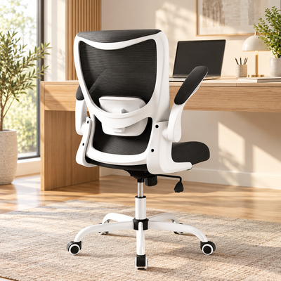 White-frame mid-back mesh ergonomic office chair with black mesh and flip-up arms at a desk