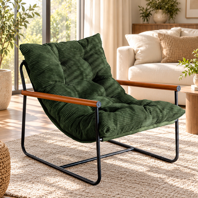 Green corded mid-century sling accent chair with black metal frame and wood armrests in a living room