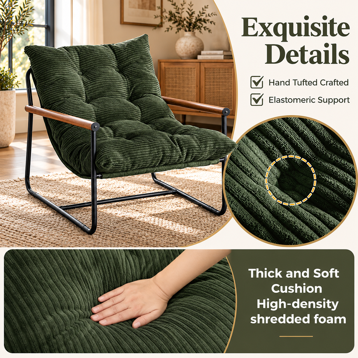 Hand-tufted corded cushion details with thick, soft high-density shredded foam