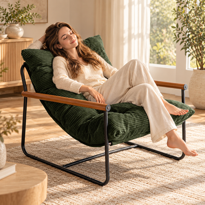 Woman lounging barefoot in the green corded sling accent chair