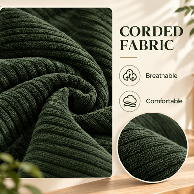 Close-up of breathable, comfortable green corded fabric