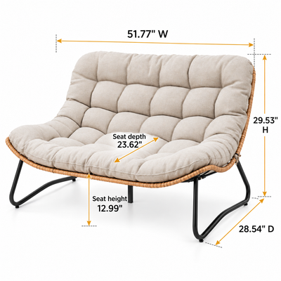 Outdoor loveseat dimensions: 51.77 in W x 28.54 in D x 29.53 in H; seat depth 23.62 in, seat height 12.99 in