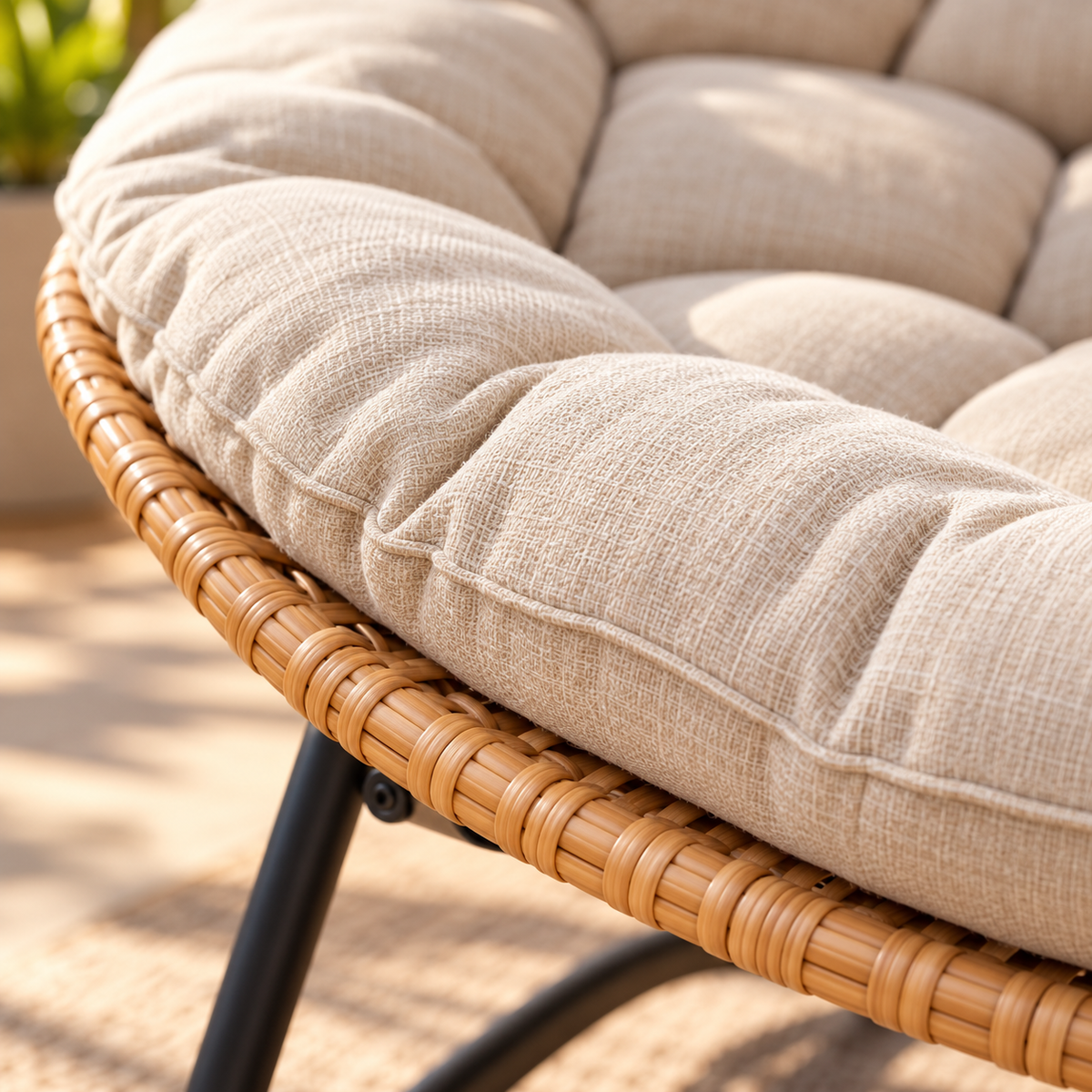 Close-up of the woven rattan edge and beige tufted cushion
