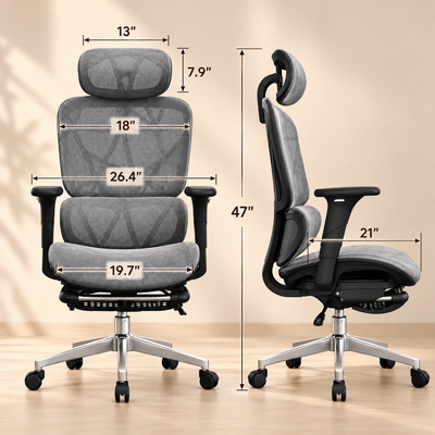 Oversized mesh chair dimensions graphic with headrest size, backrest width, arm span, seat width and 47 inch overall height