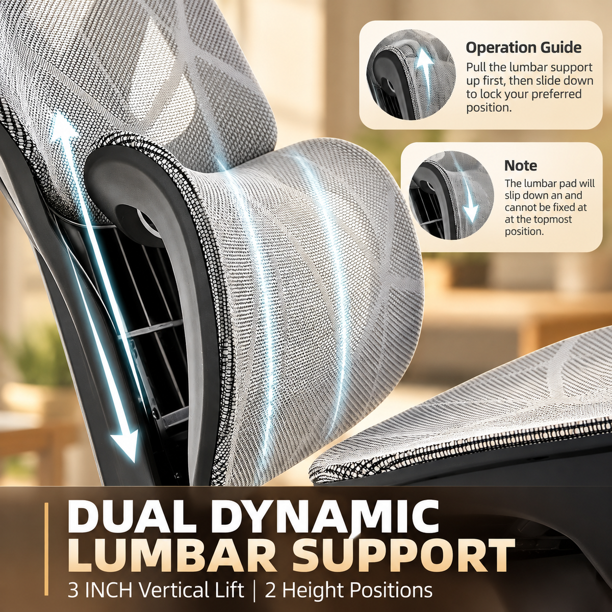 Close-up of the dual dynamic lumbar support with 3 inch vertical lift and two height positions