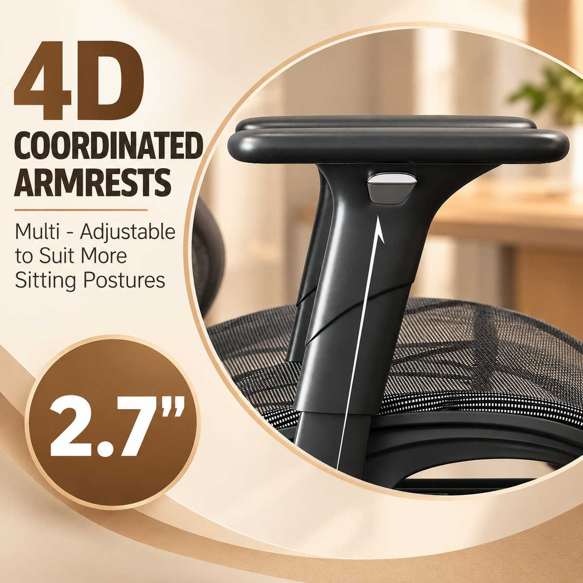 Close-up of the 4D coordinated armrest with 2.7 inch height adjustment