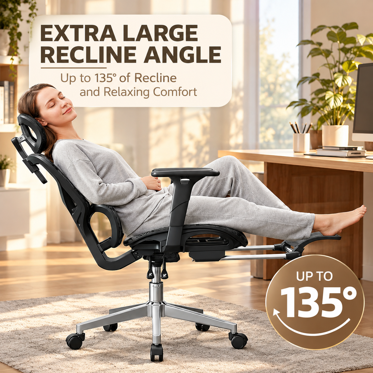 Woman reclined up to 135 degrees in the mesh chair with the footrest extended