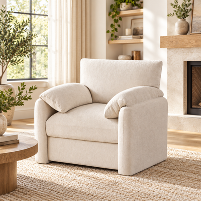 Oversized cream chenille reading armchair with plush pillow arms beside a fireplace