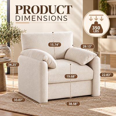 Product dimensions: 38.58 x 33.07 x 34.25 inch armchair, 19.68 inch seat height, 350 lb capacity