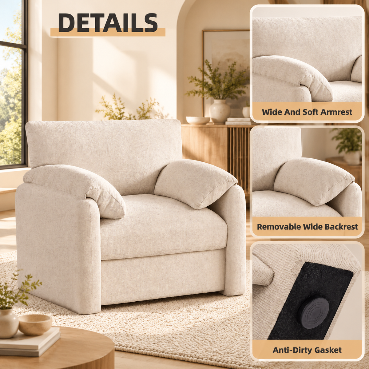 Details: wide soft armrests, removable wide backrest and anti-dirty foot pad on the base