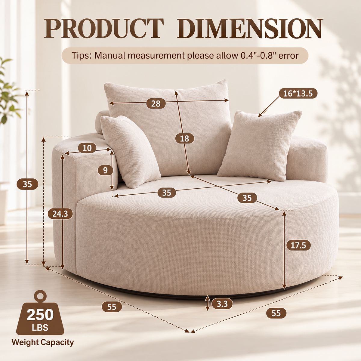 Dimension chart: 55 x 55 x 35 inch round chair, 35 inch seat, 17.5 inch seat height, 250 lb capacity