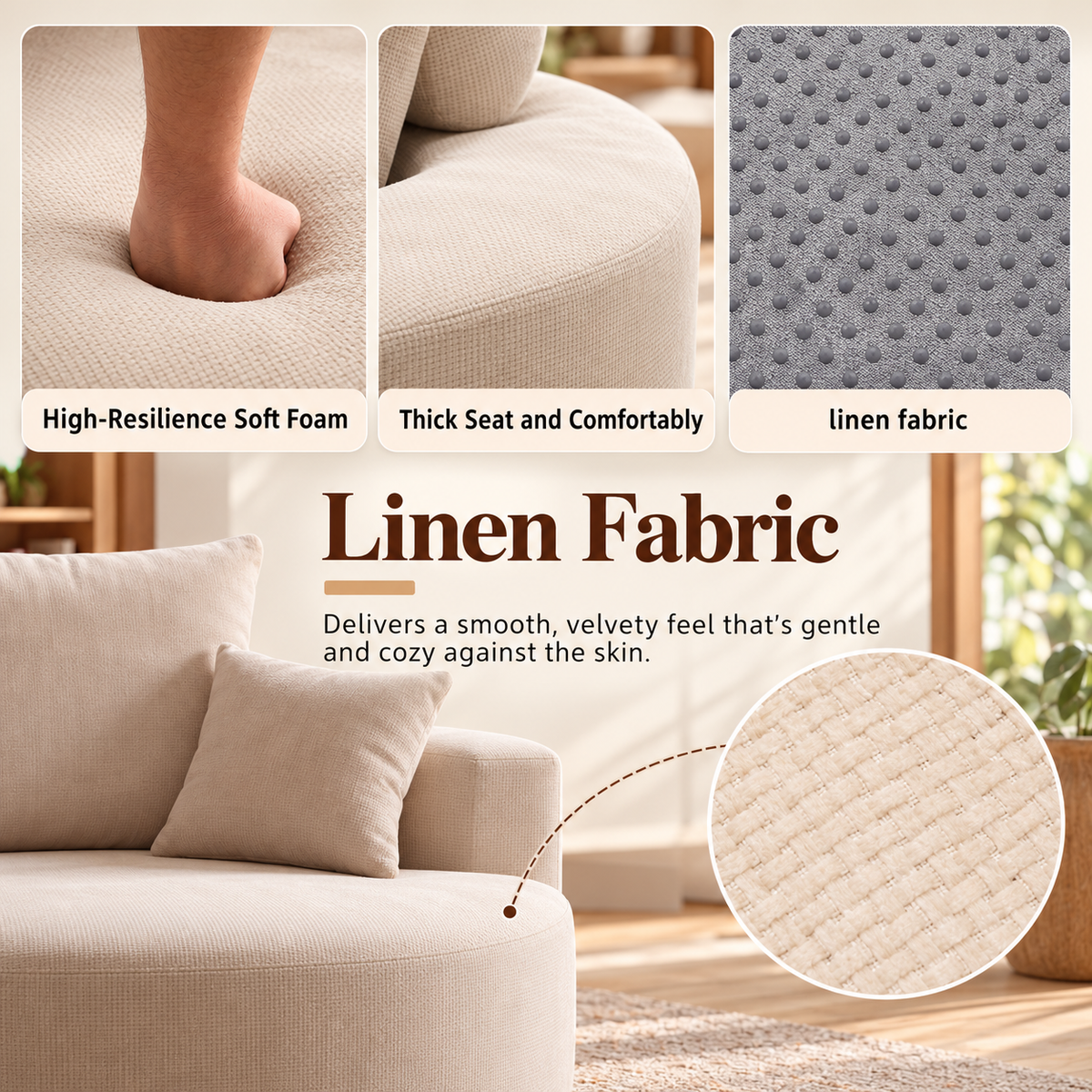 Close-up of the high-resilience foam seat and soft linen fabric texture