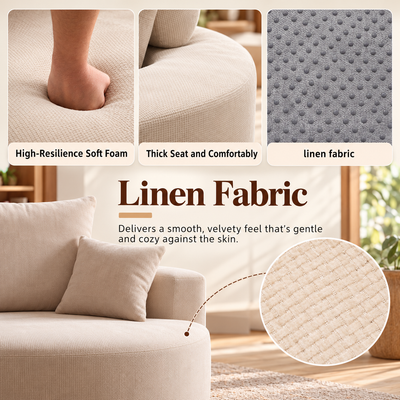 Close-up of the high-resilience foam seat and soft linen fabric texture