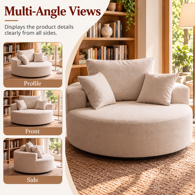 Profile, front and side views of the oversized round swivel chair