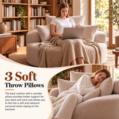 Woman relaxing on the round chair with three soft throw pillows